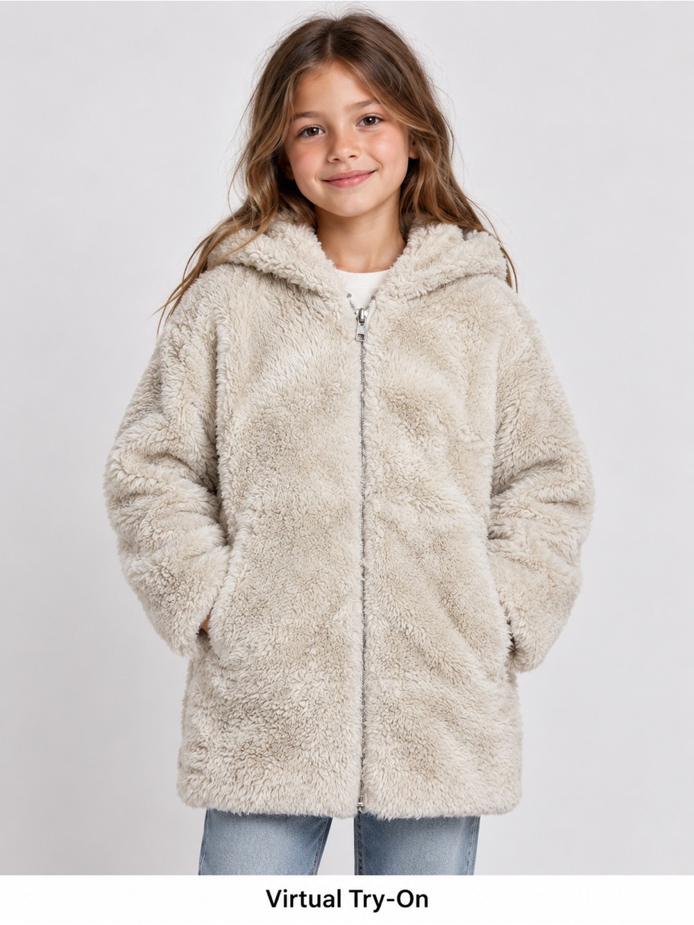 ZARA Girls Faux Fur Hooded Coat Size 9 134 Cream Beige Zip Polka Dot Lined